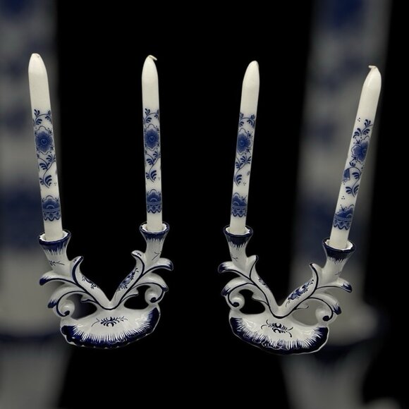 Blue and White Porcelain Double Candlestick, Set of 2, Made in Portugal w/Tapers - Picture 5 of 16
